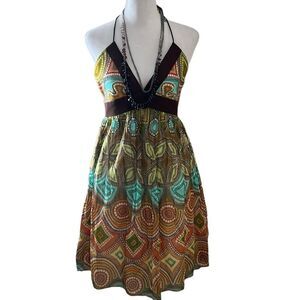 Milly of NY sz4 back yip lined halter dress brown yellow silk print EUC